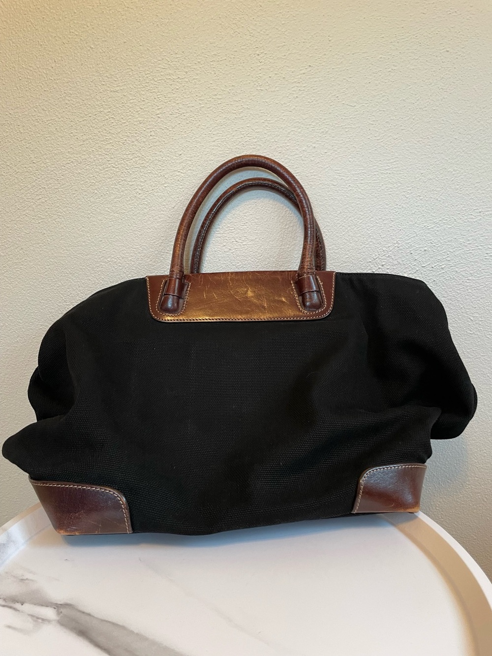 Levenger Black Canvas Tote with Brown Leather Trim